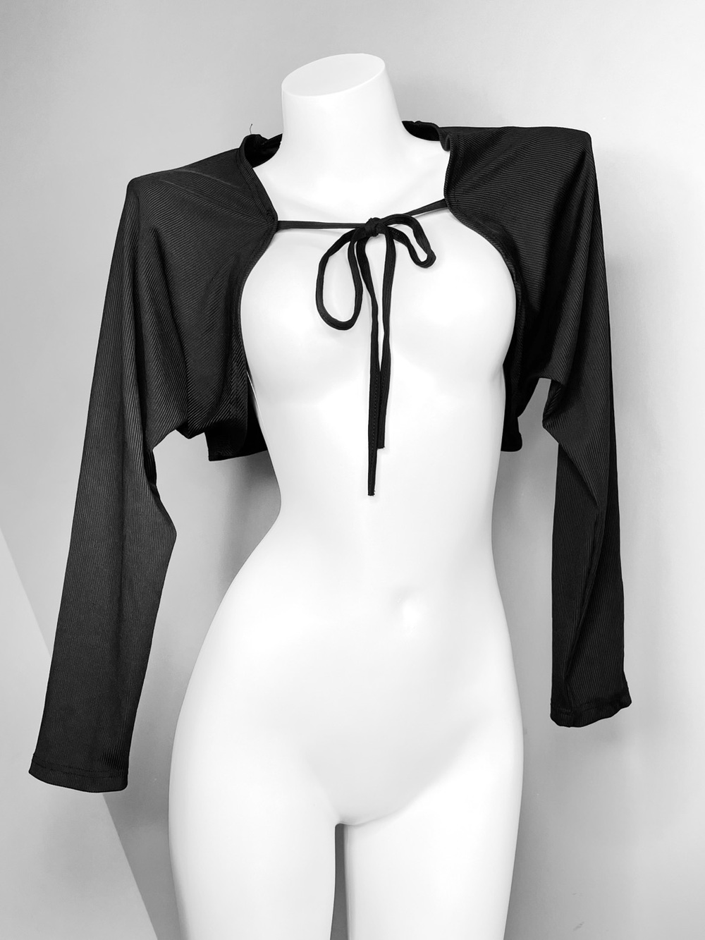 Black Tie-Front Cropped Shrug Bolero